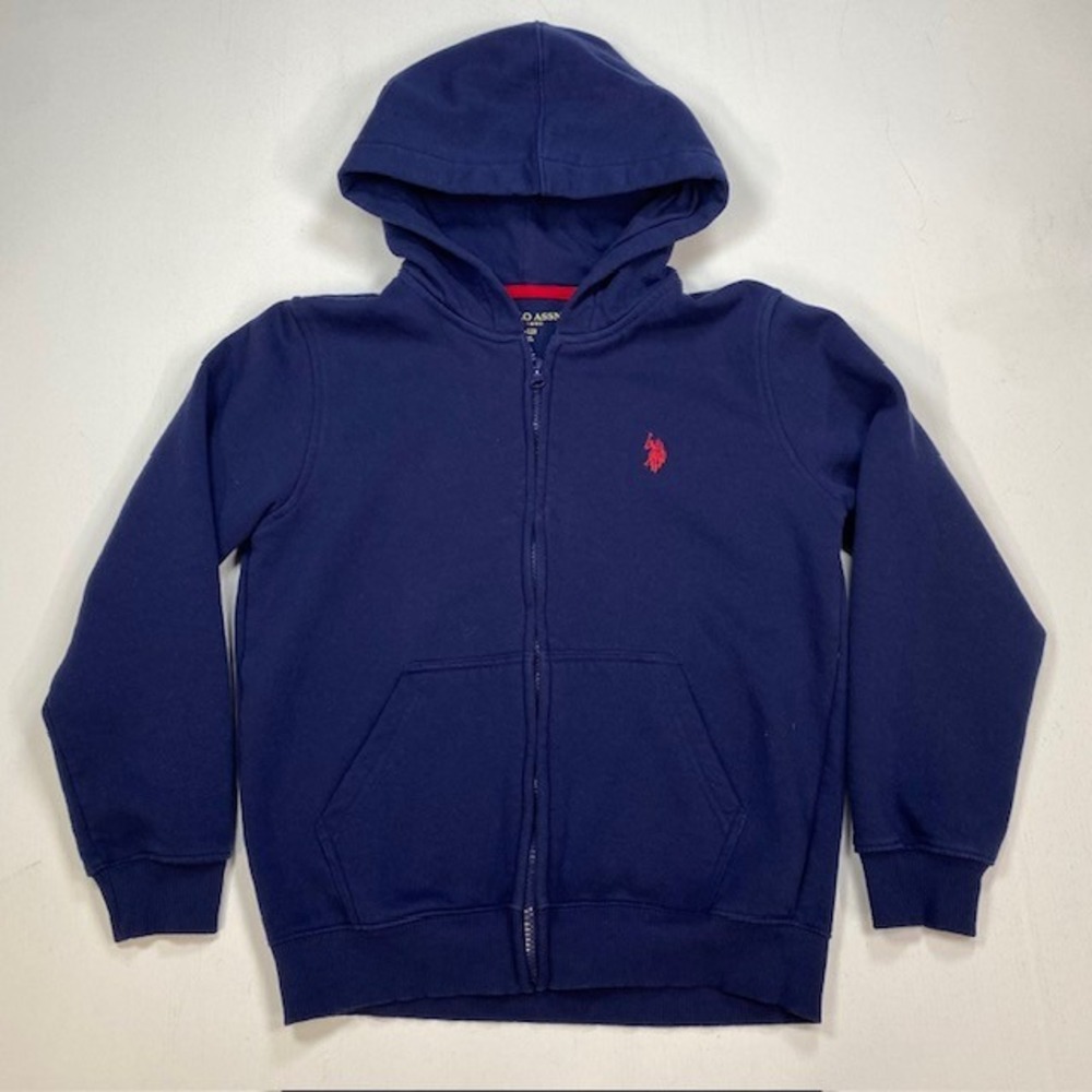 US Polo Assn Boys Navy Blue Full Zip Hoodie Sweatshirt Red Logo Size L 10-12